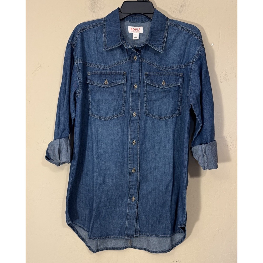 Sofia Vergara Boyfriend Oversized Tunic Shirt S(4-6) DarkWash Denim Chambray NEW